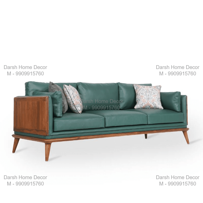 Teakwood Sofa with Off Green Fabric